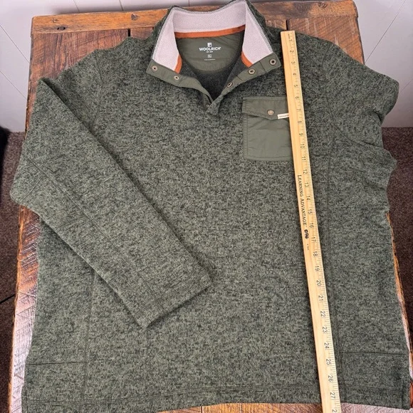 Woolrich XL Olive Pullover Fleece Snap Neck Pocket Outdoor Sweater - Picture 7 of 12